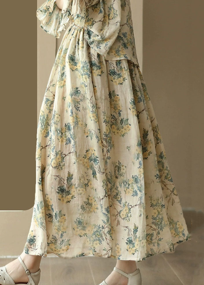 Elegant Yellow Wrinkled Pockets Print Patchwork Linen Skirt Summer