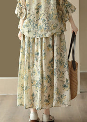 Elegant Yellow Wrinkled Pockets Print Patchwork Linen Skirt Summer