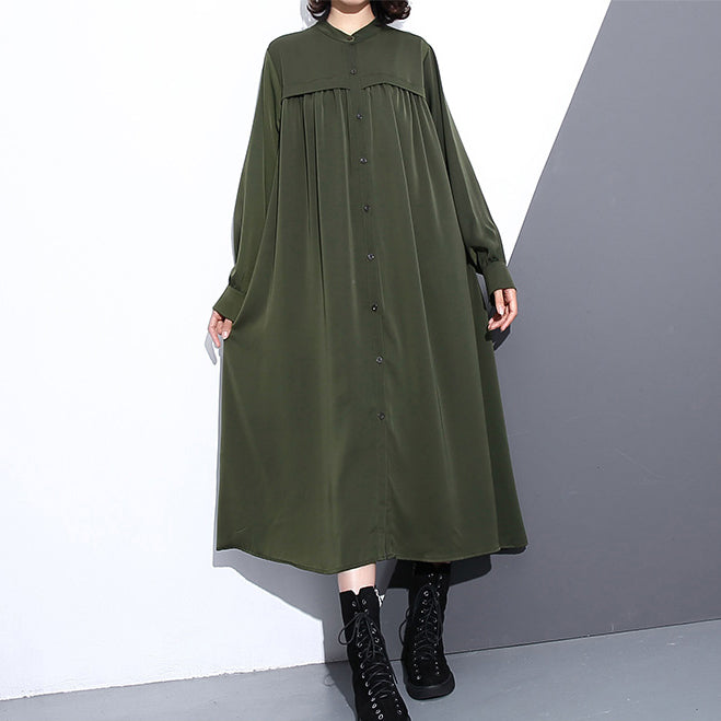 Elegant army green autumn silk cotton blended dress plus size stand collar silk cotton blended clothing dresses 2018 pockets Cinched long dresses