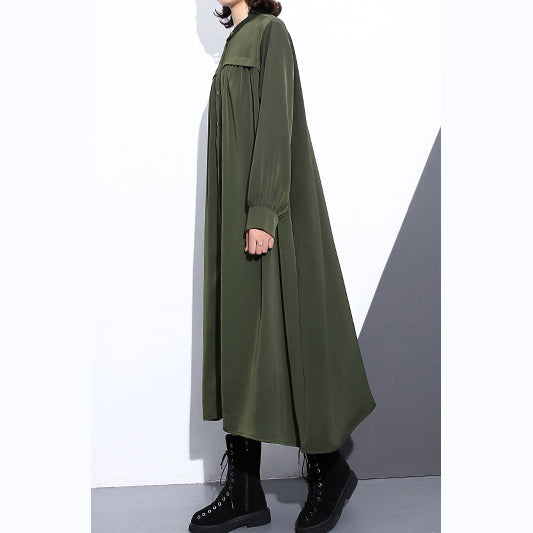 Elegant army green autumn silk cotton blended dress plus size stand collar silk cotton blended clothing dresses 2018 pockets Cinched long dresses