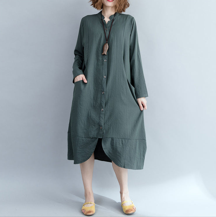Elegant army green cotton linen dress Indian Sleeve stand collar shift Dress