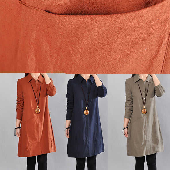 Elegantes armeegrünes Kniekleid aus Leinen Locker sitzende Baumwollhemdkleider Vintage große Taschen Langarm-Baumwollkleidungskleider