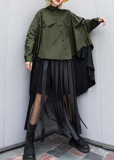 Elegant asymmetric lapel cotton Blouse Inspiration army green blouses - SooLinen