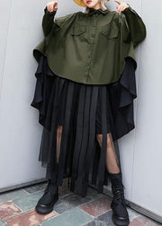 Elegant asymmetric lapel cotton Blouse Inspiration army green blouses - SooLinen