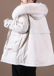 Elegant beige down coat winter Loose fitting fur collar zippered Fine overcoat - SooLinen