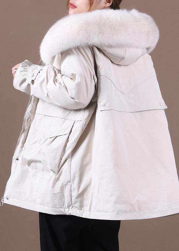 Elegant beige down coat winter Loose fitting fur collar zippered Fine overcoat - SooLinen