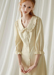 Elegant beige nude blended quilting dresses Peter pan Collar cotton fall Dresses - SooLinen