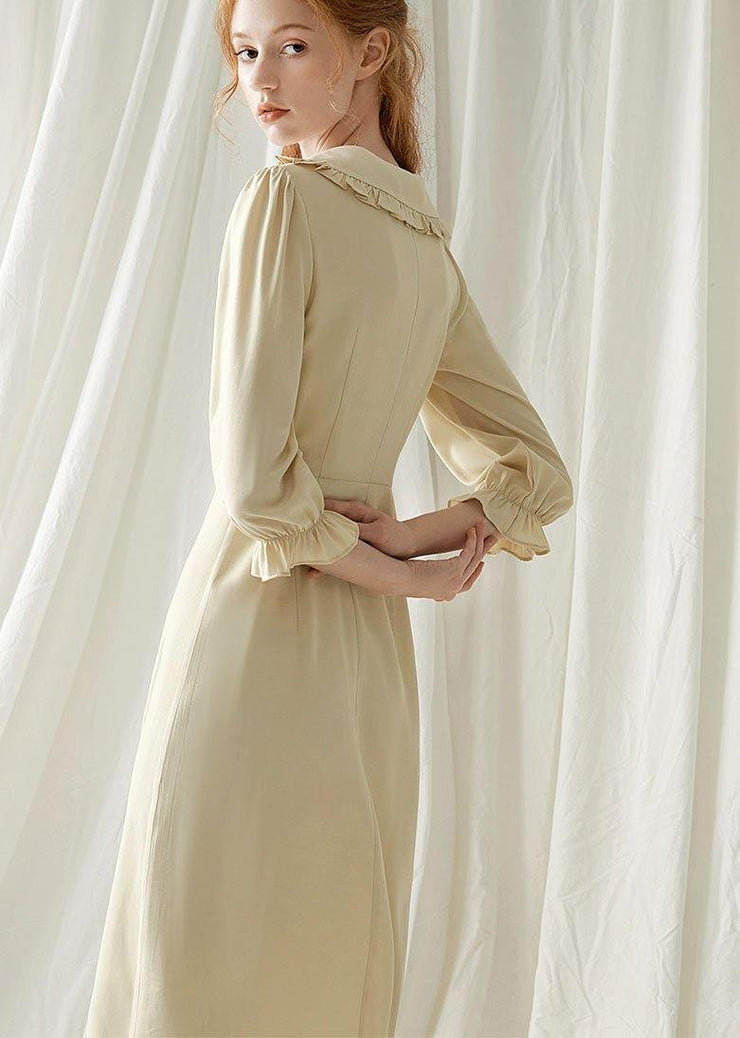 Elegant beige nude blended quilting dresses Peter pan Collar cotton fall Dresses - SooLinen