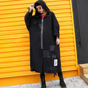 Elegante schwarze Mäntel plus Größe Kapuzenmantel Modische lange Jacken mit Reißverschluss und Kordelzug