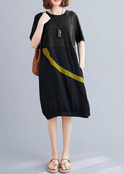 Elegant black Cotton Tunic o neck patchwork Dress - SooLinen