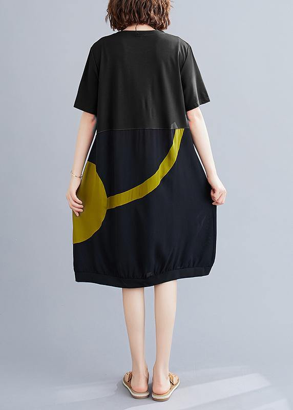 Elegant black Cotton Tunic o neck patchwork Dress - SooLinen