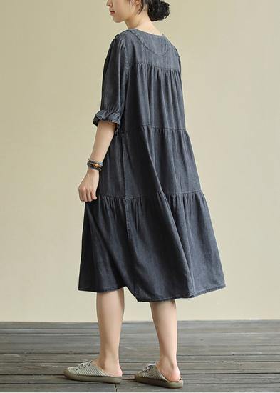 Elegant black Cotton clothes For Women o neck Cinched Dresses summer Dress - SooLinen