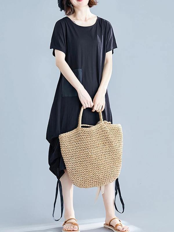 Elegant black Cotton clothes o neck asymmetric shift summer Dresses - SooLinen