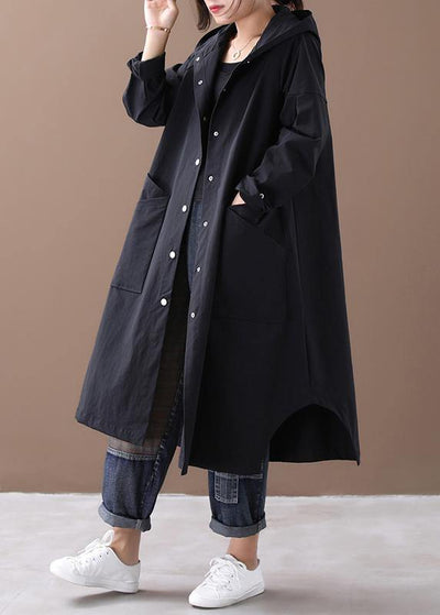 Elegant black Fashion box coat Inspiration hooded Large pockets outwears - SooLinen