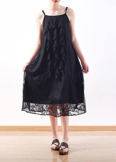 Elegant black Lace Tunics Fine design sleeveless Art summer Dresses - SooLinen