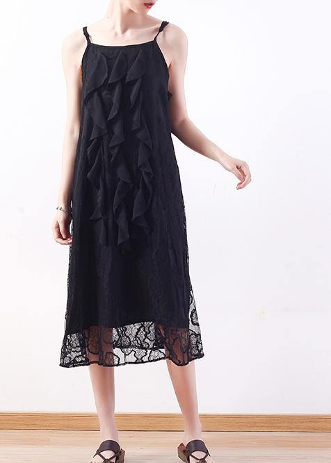 Elegant black Lace Tunics Fine design sleeveless Art summer Dresses - SooLinen