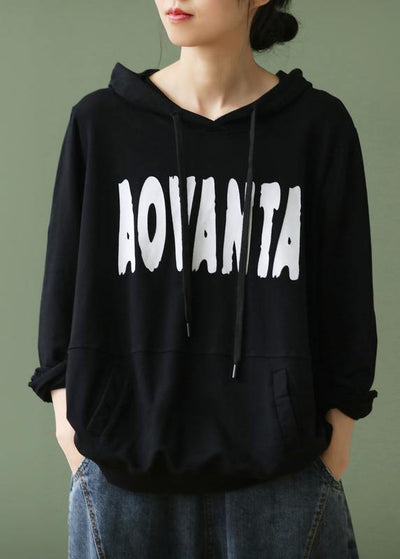 Elegant black Letter crane tops hooded drawstring cotton shirts - SooLinen