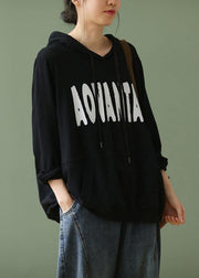 Elegant black Letter crane tops hooded drawstring cotton shirts - SooLinen