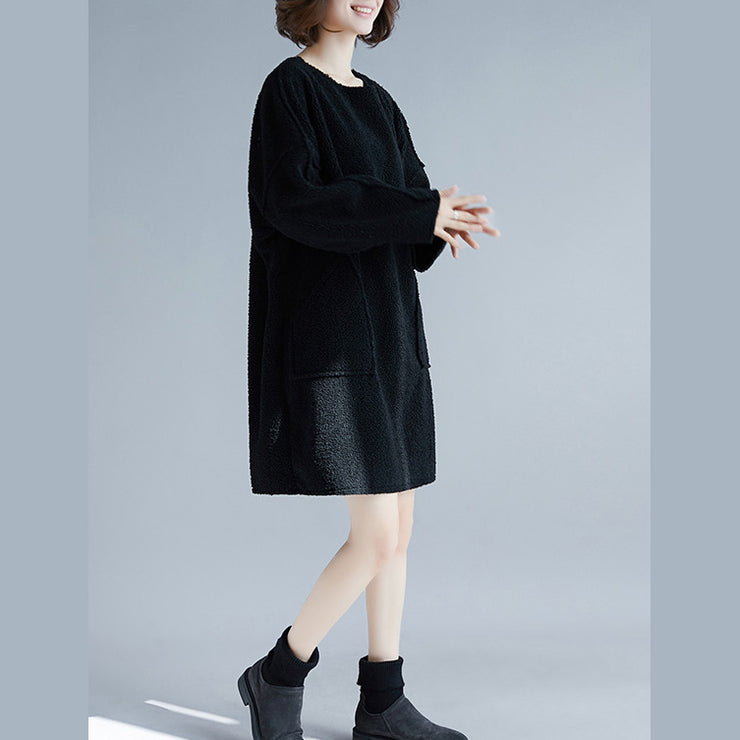 Elegant black Midi cotton dresses plus size long sleeve thick traveling clothing big pockets holiday dresses