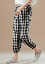 Elegant black Plaid cotton quilting Work Outfits harem pants Plus Size elastic waist pants - SooLinen