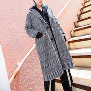 Elegant black Plaid maxi coat casual Notched long coat Fashion zippered baggy long coat