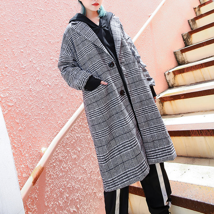 Eleganter schwarzer karierter Maximantel lässig Langer Mantel mit Kerbe Modischer, sackartiger langer Mantel mit Reißverschluss