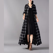 Elegant black Plaid maxi coat trendy plus size stand collar Winter boutique pockets coats