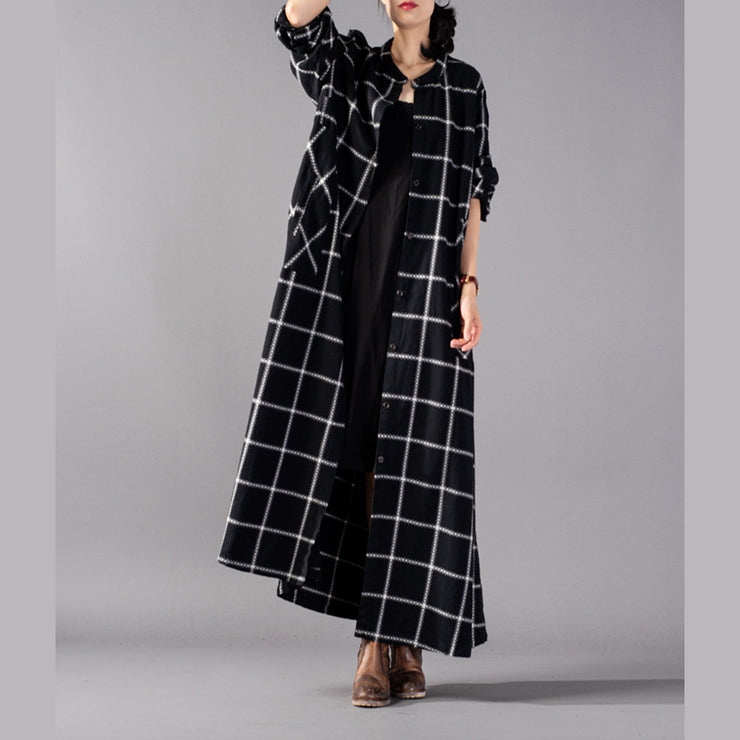 Elegant black Plaid maxi coat trendy plus size stand collar Winter boutique pockets coats