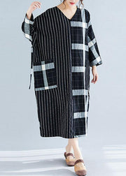 Elegant black Plaid striped v neck patchwork Large pockets cotton spring Dress - SooLinen