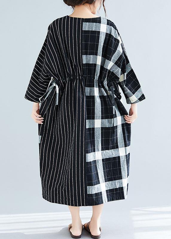 Elegant black Plaid striped v neck patchwork Large pockets cotton spring Dress - SooLinen