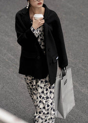 Elegant black Woolen Coat Women trendy plus size coats Notched back side open coat - SooLinen