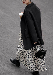Elegant black Woolen Coat Women trendy plus size coats Notched back side open coat - SooLinen