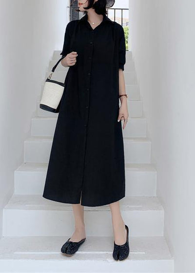 Elegant black back open cotton tunics for women lapel collar Art summer Dress - SooLinen