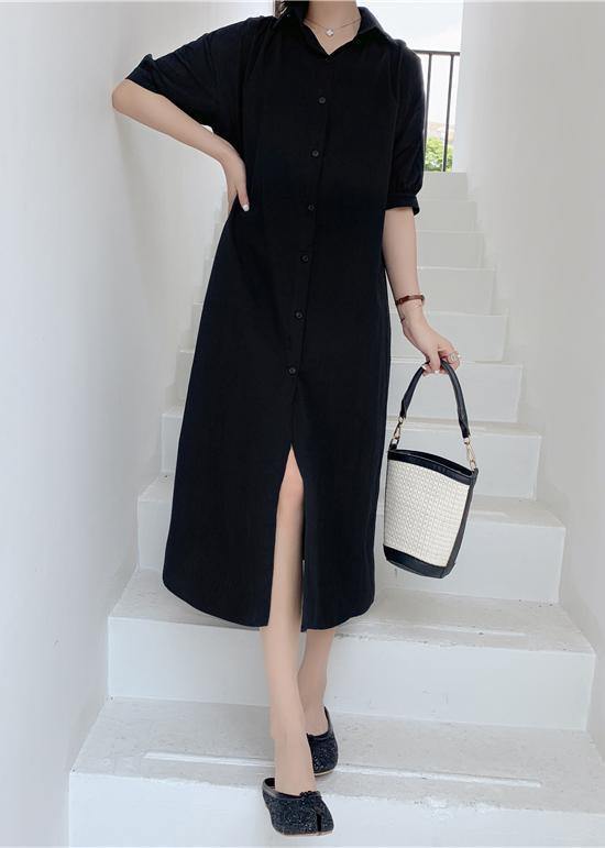 Elegant black back open cotton tunics for women lapel collar Art summer Dress - SooLinen