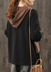 Elegant black clothes For Women hooded patchwork Midi tops - SooLinen