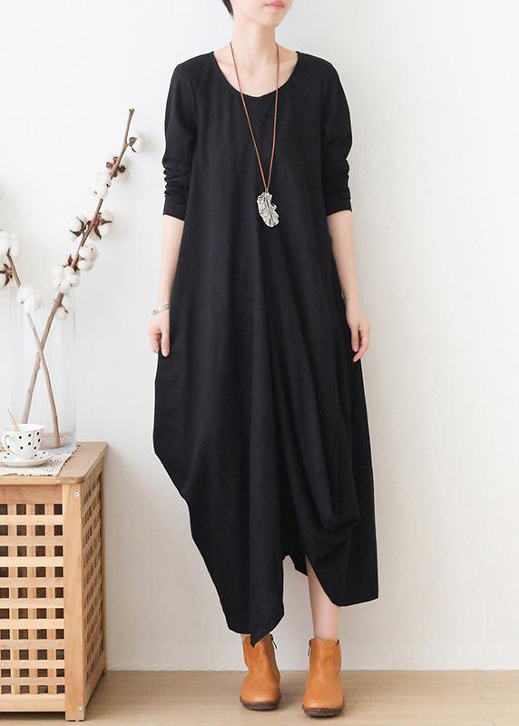 Elegant black clothes For Women o neck asymmetric Maxi fall Dresses - SooLinen