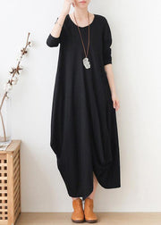 Elegant black clothes For Women o neck asymmetric Maxi fall Dresses - SooLinen