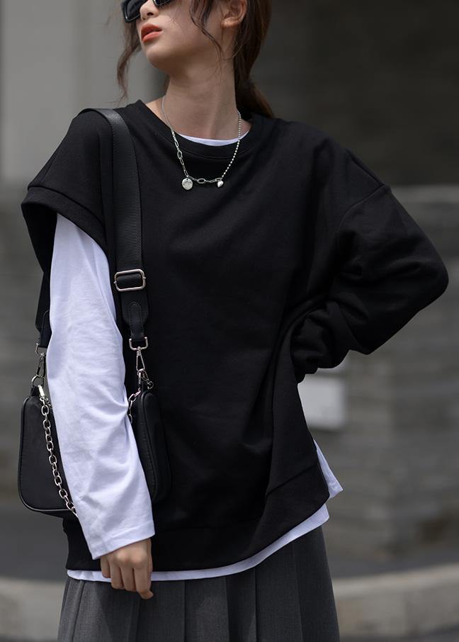 Elegant black clothes For Women o neck asymmetric top - SooLinen