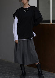 Elegant black clothes For Women o neck asymmetric top - SooLinen
