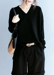 Elegant black clothes For Women v neck side open fall blouse - SooLinen