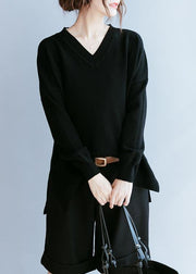 Elegant black clothes For Women v neck side open fall blouse - SooLinen