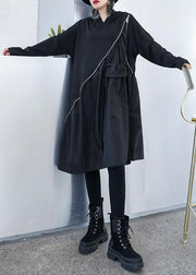 Elegant black cotton Wardrobes zippered long fall Dress - SooLinen