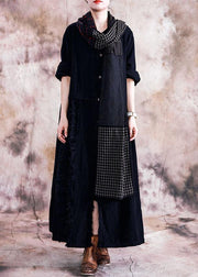 Elegant black cotton overcoat oversize trench coats fall linen outwear patchwork - SooLinen