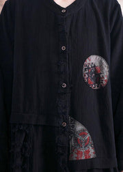 Elegant black cotton overcoat oversize trench coats fall linen outwear patchwork - SooLinen