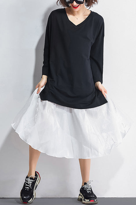 Elegante schwarze Baumwoll-Patchwork-Chiffon-Kleidung Metropolitan Museum Ideas O-Ausschnitt Kaftan Sommerkleid