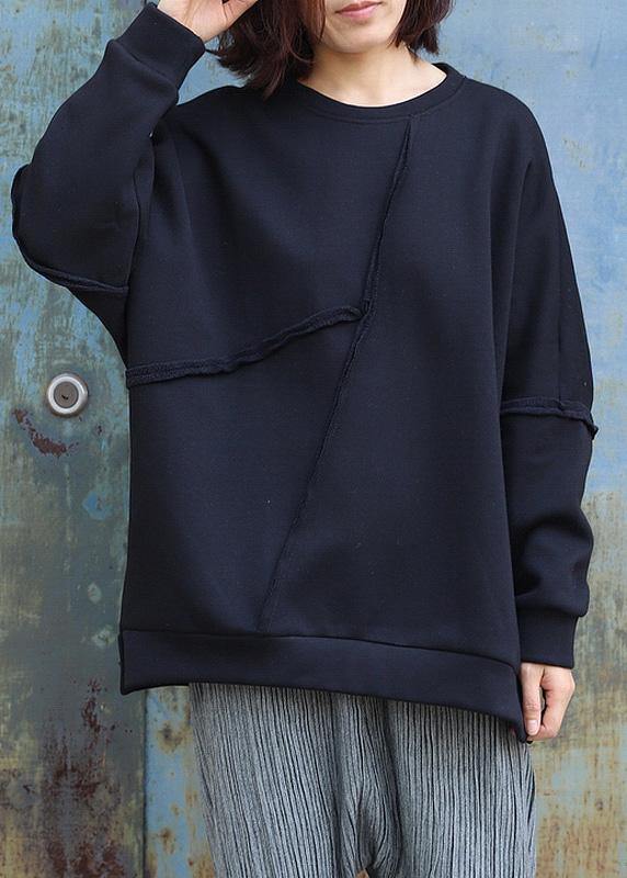 Elegant black cotton tops women o neck short patchwork Sweatshirt - SooLinen