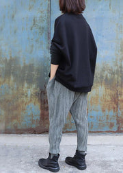 Elegant black cotton tops women o neck short patchwork Sweatshirt - SooLinen