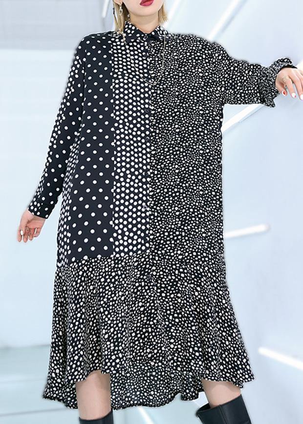 Elegant black dotted Cotton patchwork shift summer Dress - SooLinen