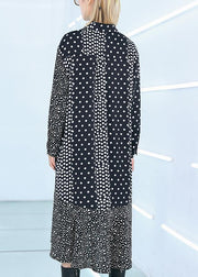 Elegant black dotted Cotton patchwork shift summer Dress - SooLinen