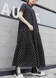 Elegant black dotted cotton clothes For Women stand collar exra large hem Maxi summer Dresses - SooLinen